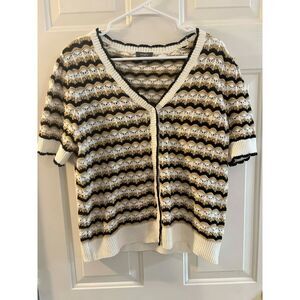 Ninety Short Sleeve Open Knit Button Cardigan Sweater Scalloped Striped Cream L